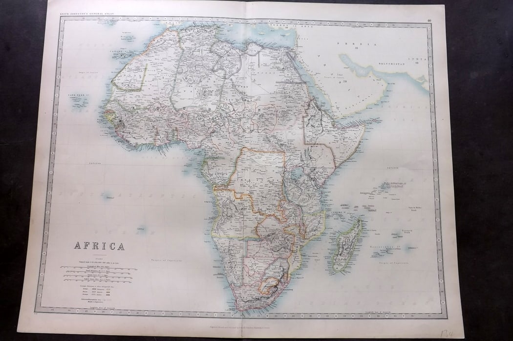 Johnston, Alexander 1894 LG Antique Map. Africa: Large Folio Colour Printed Steel Engraved Map Published 1894, Edinburgh & London for "The Royal Atlas of Modern Geography" by Alexander Keith Johnston and T. B. Johnston. Centre fold as published. Pap