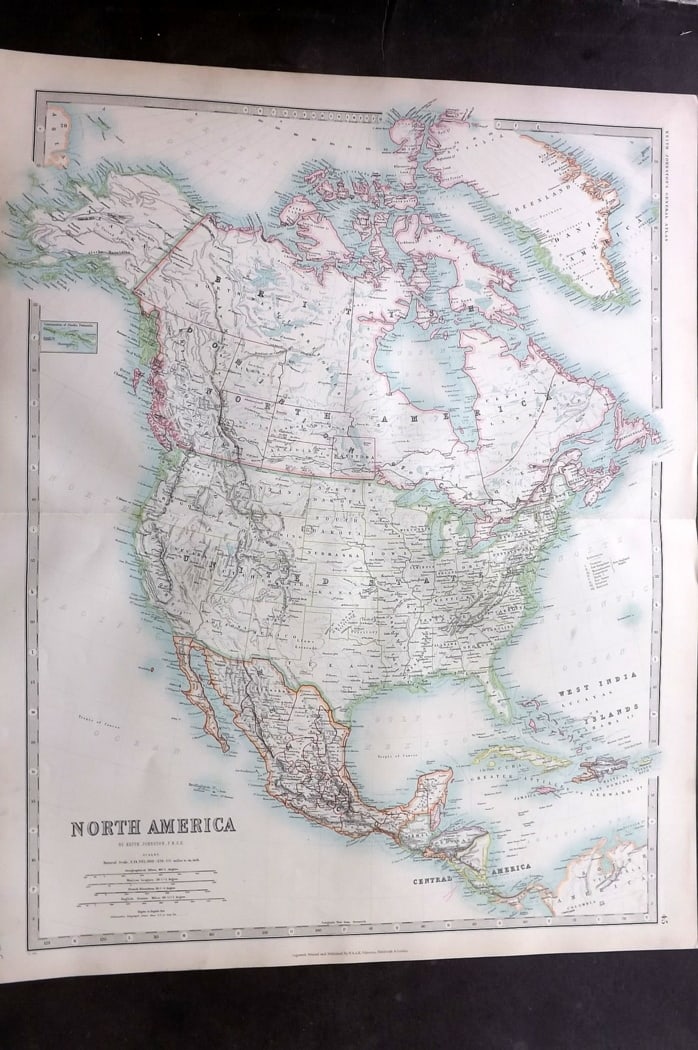 Johnston, Alexander 1894 LG Antique Map. North America: Large Folio Colour Printed Steel Engraved Map Published 1894, Edinburgh & London for "The Royal Atlas of Modern Geography" by Alexander Keith Johnston and T. B. Johnston. Centre fold as published. Pap
