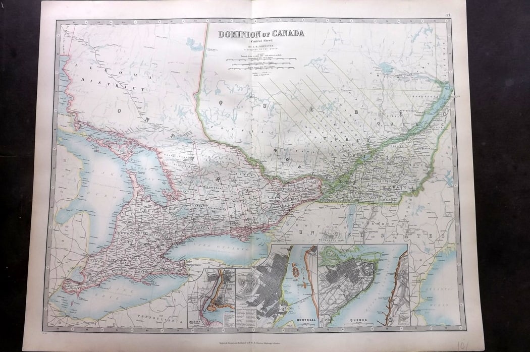 Johnston, Alexander 1894 LG Antique Map. Canada - Central Sheet: Large Folio Colour Printed Steel Engraved Map Published 1894, Edinburgh & London for "The Royal Atlas of Modern Geography" by Alexander Keith Johnston and T. B. Johnston. Centre fold as published. Pap