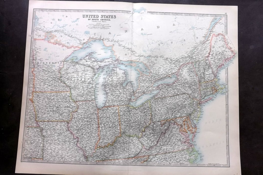 Johnston, Alexander 1894 LG Antique Map. United States - North East: Large Folio Colour Printed Steel Engraved Map Published 1894, Edinburgh & London for "The Royal Atlas of Modern Geography" by Alexander Keith Johnston and T. B. Johnston. Centre fold as published. Pap