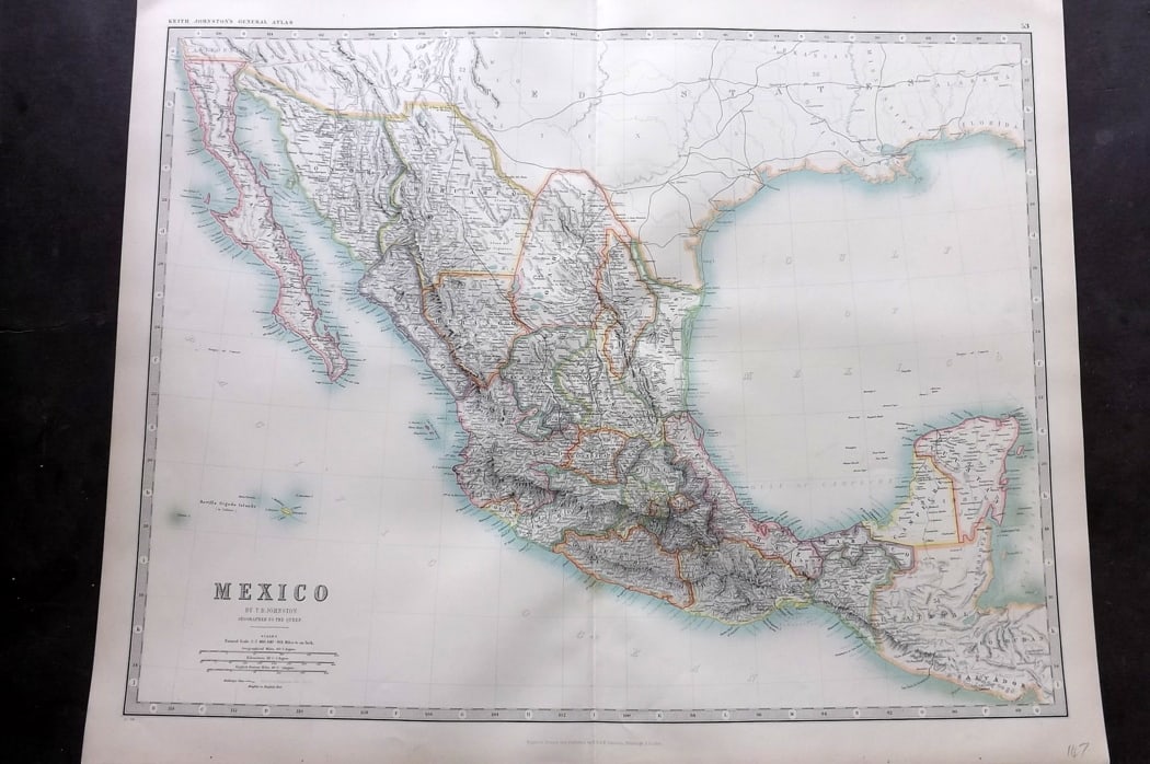 Johnston, Alexander 1894 LG Antique Map. Mexico: Large Folio Colour Printed Steel Engraved Map Published 1894, Edinburgh & London for "The Royal Atlas of Modern Geography" by Alexander Keith Johnston and T. B. Johnston. Centre fold as published. Pap