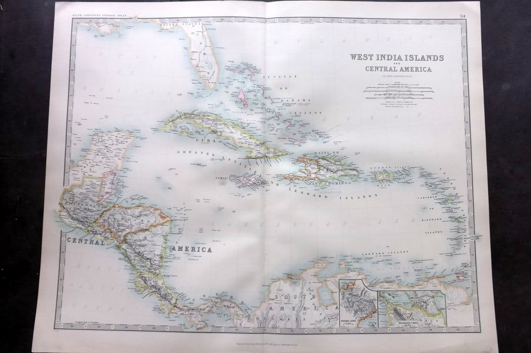 Johnston, Alexander 1894 LG Antique Map. West India Islands and Central America (1 of 2)