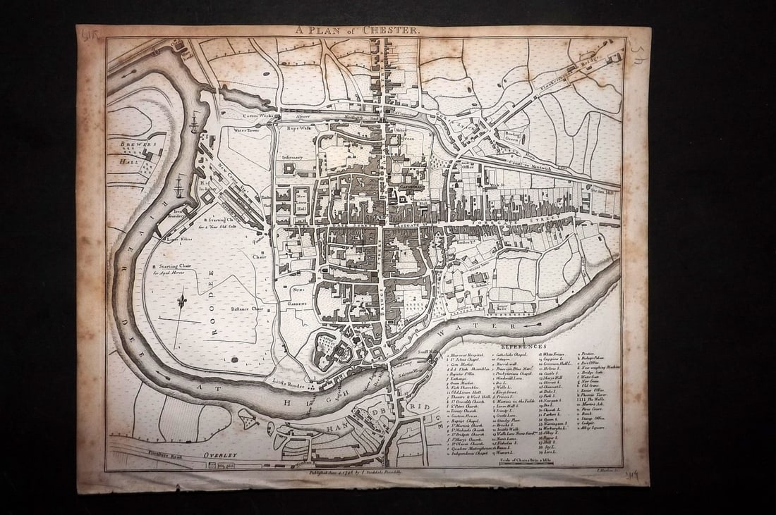 Aiken, John 1795 Antique Map. Plan of Chester: Copper Engraved Map Published 1795, London for "A Description of the Country from Thirty to Forty Miles Round Manchester" by John Aiken. Paper Size: 11.5 x 9 inch (29 x 23cm) Minor toning, otherwise G