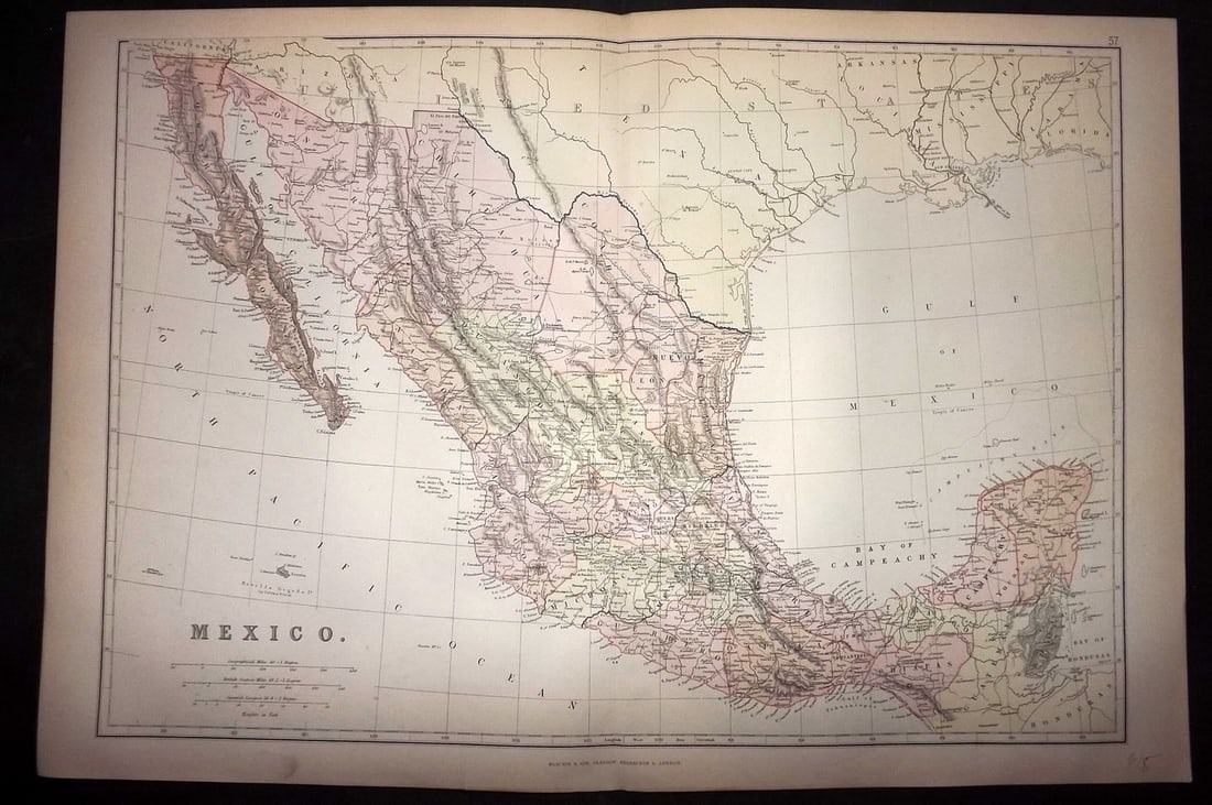 Blackie (Pub) 1882 Folio Map. Mexico: Lithograph Map Published 1882 by Blackie & Son, London for "The Comprehensive Atlas & Geography of the World" by W. G. Blackie. Centre fold as published. Paper Size: 22 x 15 inch (56 x 38cm) Good cond