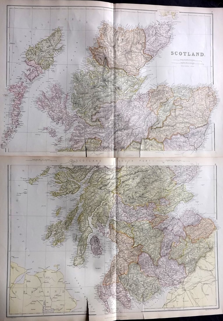 Blackie (Pub) 1882 Pair of Folio Maps. Scotland - North & South: Lithograph Map Published 1882 by Blackie & Son, London for "The Comprehensive Atlas & Geography of the World" by W. G. Blackie. Centre fold as published. Paper Size: 22 x 15 inch (56 x 38cm) Both with