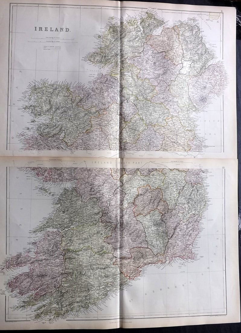 Blackie (Pub) 1882 Pair of Folio Maps. Ireland - North & South: Lithograph Map Published 1882 by Blackie & Son, London for "The Comprehensive Atlas & Geography of the World" by W. G. Blackie. Centre fold as published. Paper Size: 22 x 15 inch (56 x 38cm) Good cond
