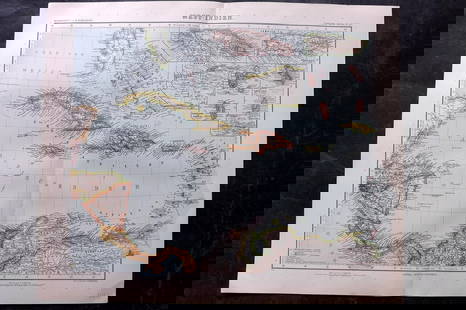 Stieler, Adolf 1909 Antique Map. West Indies Caribbean: Lithograph Map Published 1909 by Justus Perthes, Gotha for "Stielers Atlas of Modern Geography" by Adolf Stieler. Center fold as published. Paper Size: 19 x 15.5 inch (48 x 39cm) Good Condition