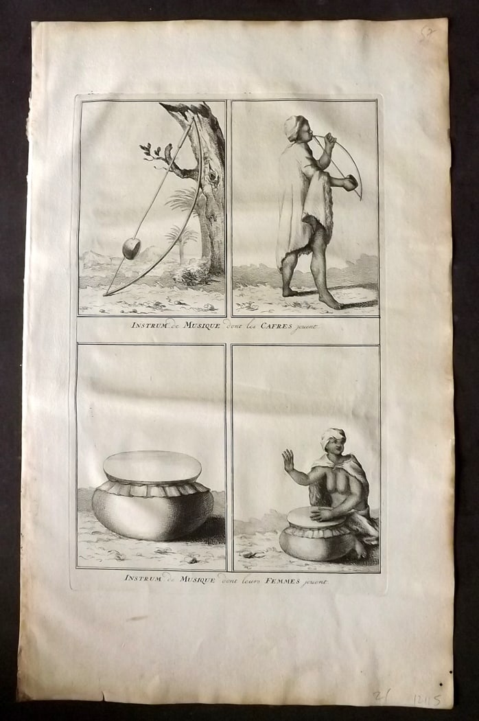 Picart, Bernard 1728 Folio Antique Print. Kaffir Musical Instruments, South Africa: Folio Copper Plate Published 1723-43 [1728] Amsterdam for "Ceremonies et coutumes religieuses de peuples idolatres" by Bernard Picart. Paper Size: 18 x 11 inch (46 x 28cm) Good Condition