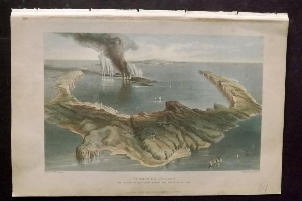 Pouchet, F. A. 1870 Print. Greece - Submarine Volcano, Santorini: Colour Printed Woodblock Published 1870, London for "The Universe: Or, The Infinitely Great and The Infinitely Little" by F. A. Pouchet. Paper Size: 9.5 x 6 inch (24 x 15cm) Very minor toning. Good Co