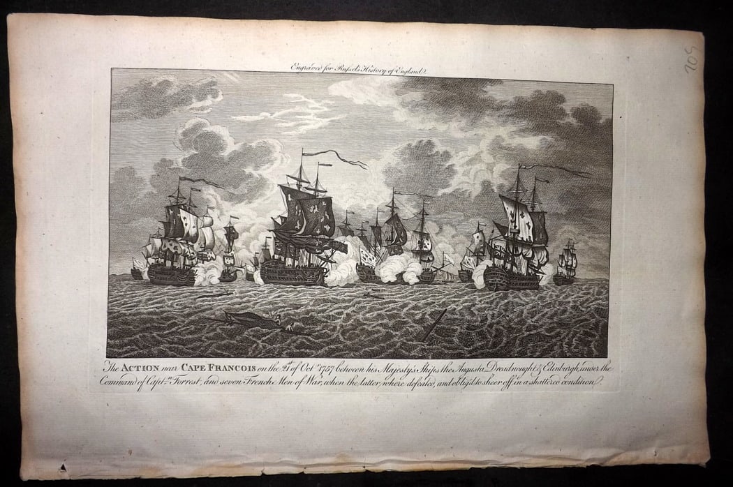 Russell, William 1779 Folio Ship Print. Action near Cape Francois 1757: Folio Copper Plate Published 1779, London for "A New and Authentic History of England" [Russell's History of England] by William Augustus Russell. Paper Size: 15 x 9 inch (38 x 23cm) Good Condition