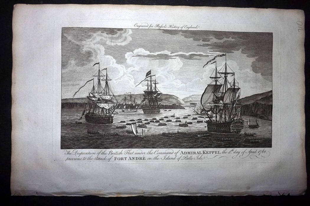 Russell, William 1779 Folio Ship Print. British Fleet, Admiral Keppel, France, 1761: Folio Copper Plate Published 1779, London for "A New and Authentic History of England" [Russell's History of England] by William Augustus Russell. Paper Size: 15 x 9 inch (38 x 23cm) Good Condition
