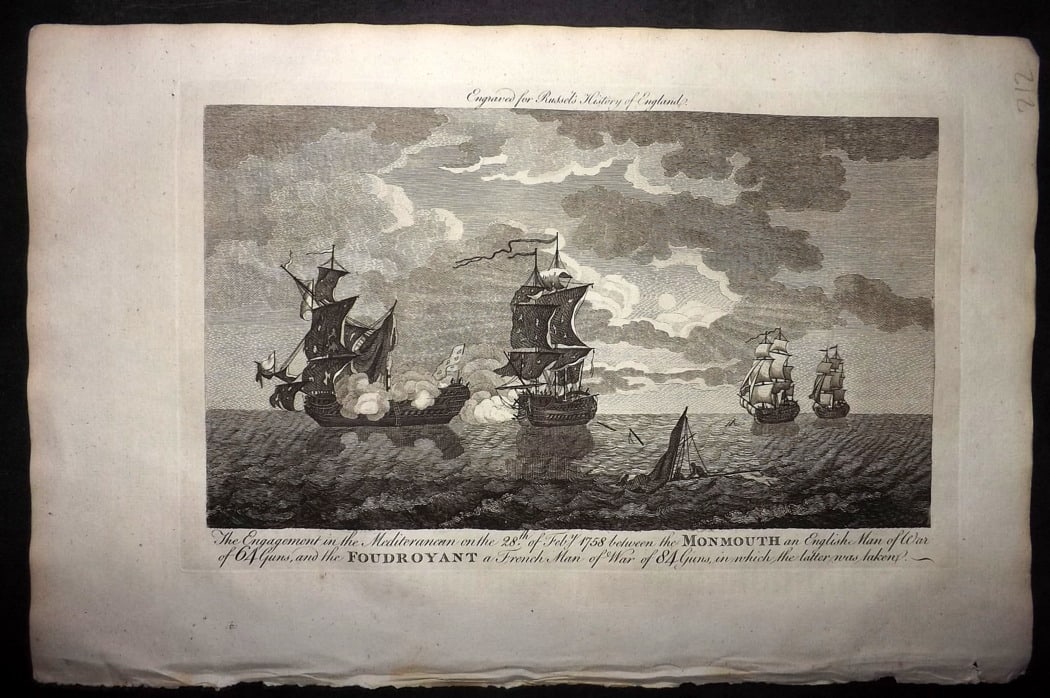 Russell, William 1779 Folio Ship Print. Monmouth and Foudroyant Engagement in the Mediterranean: Folio Copper Plate Published 1779, London for "A New and Authentic History of England" [Russell's History of England] by William Augustus Russell. Paper Size: 15 x 9 inch (38 x 23cm) Good Condition