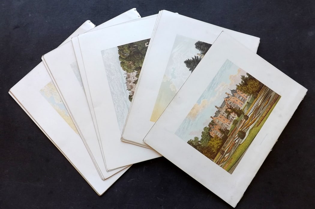 Morris Seats 1860's Lot of 18 Antique Prints. British Views: Antique Color Printed Woodblock Published 1866-1880 by William Mackenzie, London for "Picturesque Views of Seats of Noblemen and Gentlemen of Great Britain and Ireland" by the Rev. F. O. Morris. Print