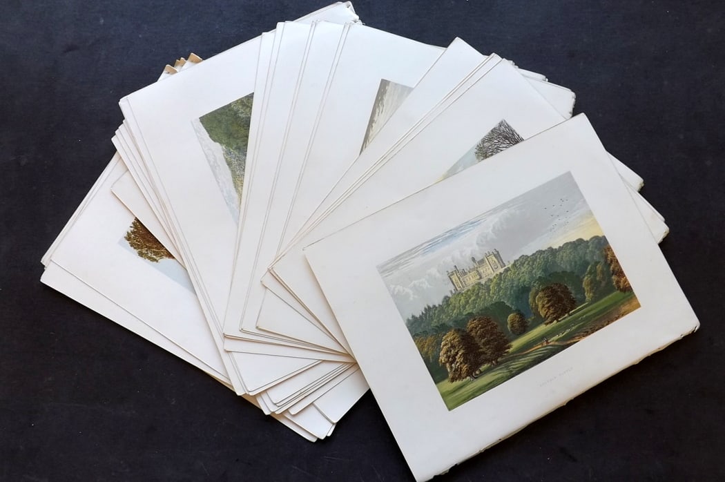 Morris Seats 1860's Lot of 36 Antique Prints. British Views: Antique Color Printed Woodblock Published 1866-1880 by William Mackenzie, London for "Picturesque Views of Seats of Noblemen and Gentlemen of Great Britain and Ireland" by the Rev. F. O. Morris. Print