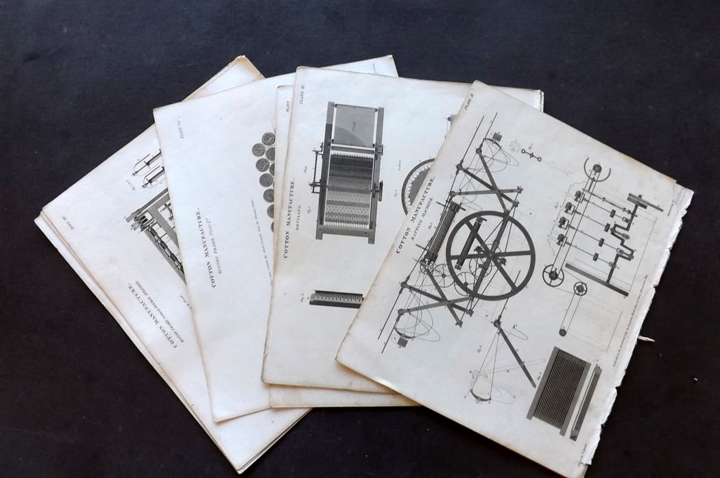 Rees, Abraham 1820 Lot of 14 Cotton Manufacture Prints.: Antique Copper Plate Published 1802-20 by Longman, Hurst, Rees & Orme for "The Cycloaedia: or, Universal dictionary of arts, sciences, and literature"By Abraham Rees. Paper Size: 10.5 x 8.5 inch (27 x