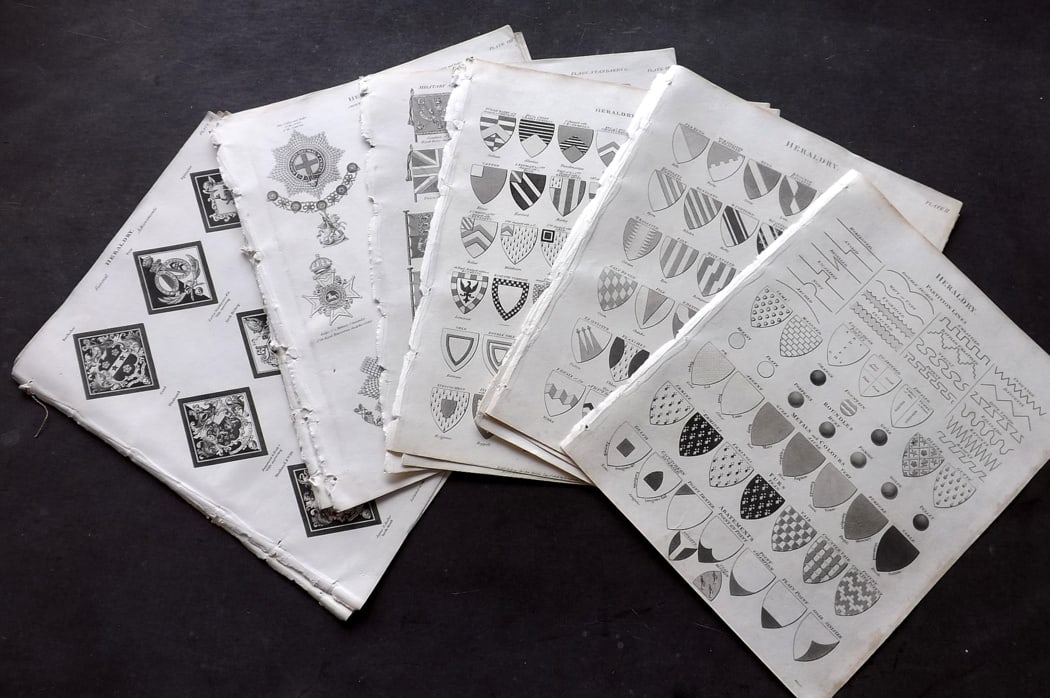 Rees, Abraham 1820 Lot of 15 Antique Heraldry Prints.: Antique Copper Plate Published 1802-20 by Longman, Hurst, Rees & Orme for "The Cycloaedia: or, Universal dictionary of arts, sciences, and literature" By Abraham Rees. Paper Size: 10.5 x 8.5 inch (27 