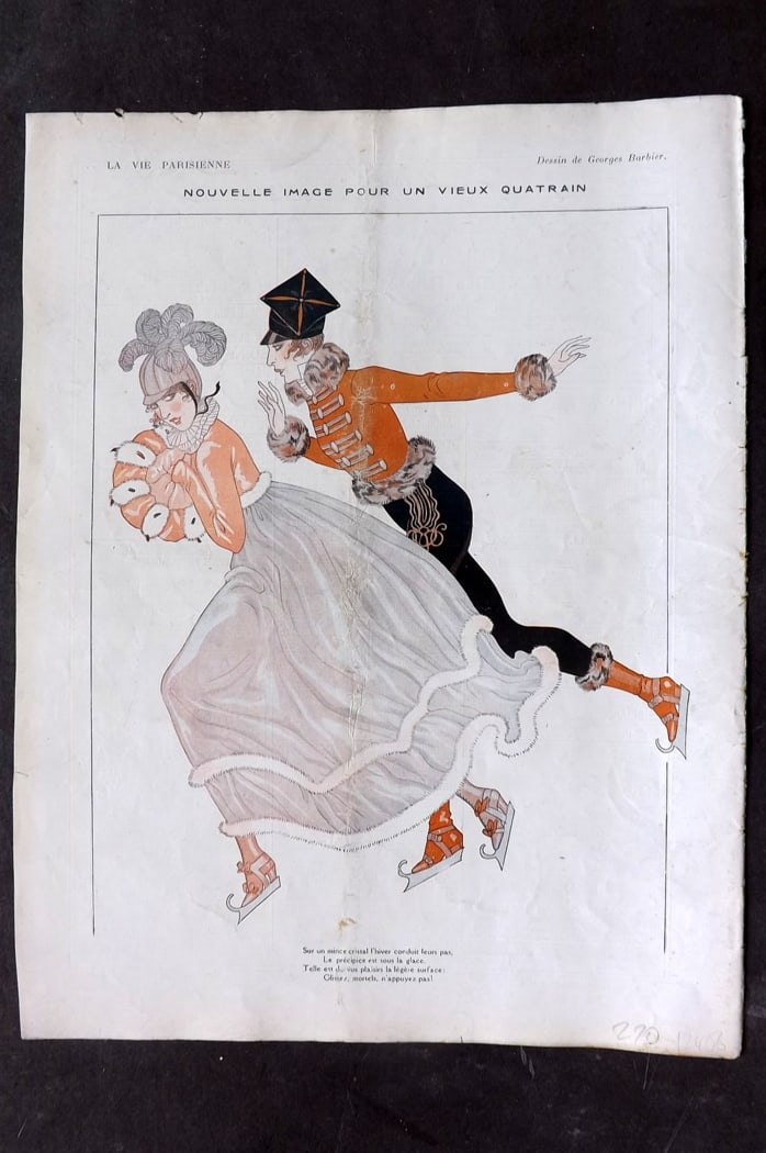 La Vie Parisienne 1917 Print. Nouvelle Image pour un Vieux Quatrain by Barbier: Lithograph Published 1917, Paris for "La Vie Parisienne" Illustrated by Lissac, Barbier, Vallet, Valee, Prejelan, Herouard, Fournier, Kuhn-Regnier, Georges L?onnec and others. Verso text, but none sho