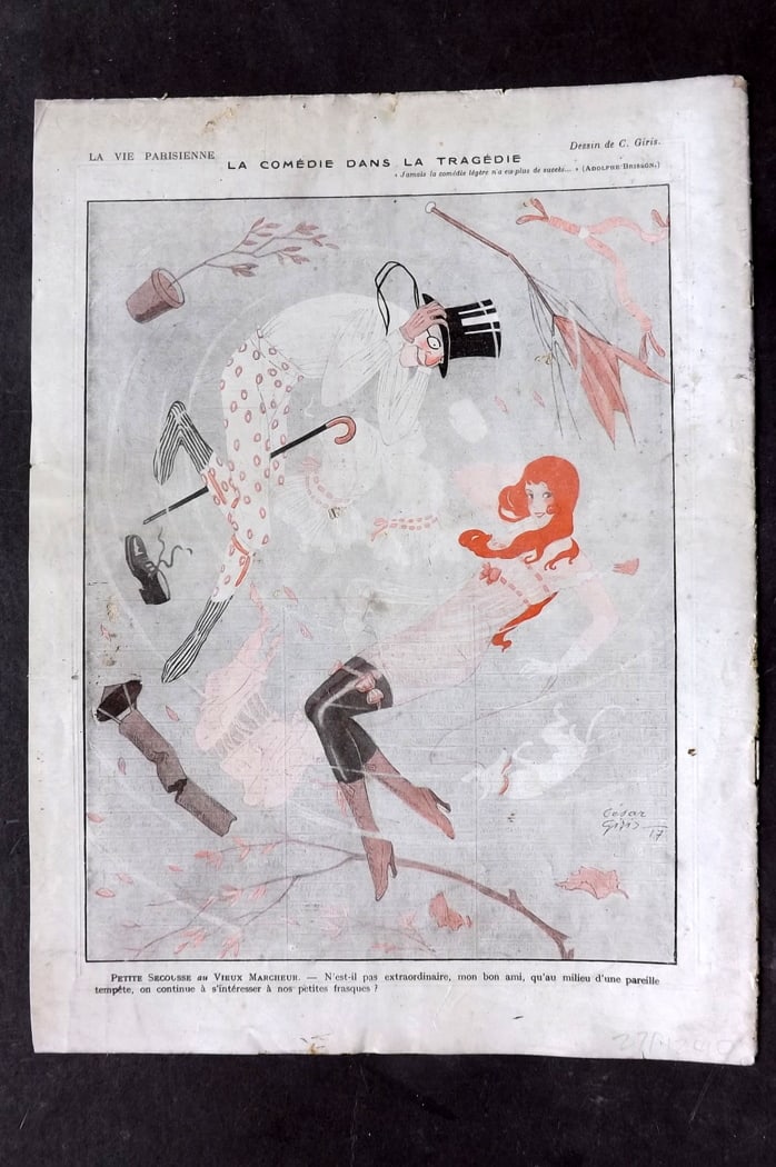 La Vie Parisienne 1917 Art Deco Print. La Comedie dans la Tragedie by Giris: Lithograph Published 1917, Paris for "La Vie Parisienne" Illustrated by Lissac, Barbier, Vallet, Valee, Prejelan, Herouard, Fournier, Kuhn-Regnier, Georges L?onnec and others. Verso text, but none sho