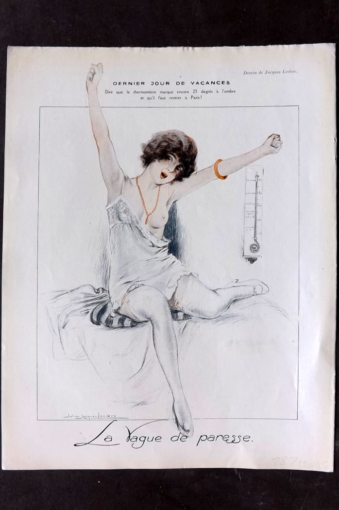 La Vie Parisienne 1919 Art Deco. Dernier jour de Vacances by Jacques Leclerc: Lithograph Published 1919, Paris for "La Vie Parisienne" Illustrated by Lissac, Barbier, Vallet, Valee, Prejelan, Herouard, Fournier, Kuhn-Regnier, Georges L?onnec and others. Verso text, but none sho