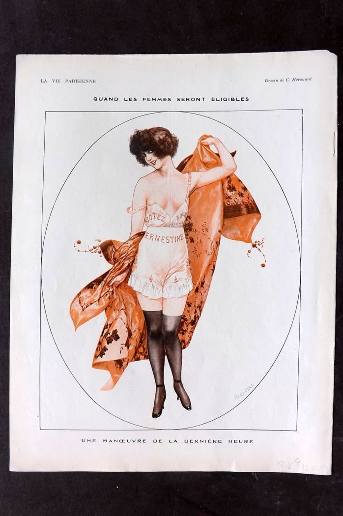 La Vie Parisienne 1919 Art Deco. Quand les Femmes seront Eligibles by Herouard: Lithograph Published 1919, Paris for "La Vie Parisienne" Illustrated by Lissac, Barbier, Vallet, Valee, Prejelan, Herouard, Fournier, Kuhn-Regnier, Georges L?onnec and others. Verso text, but none sho