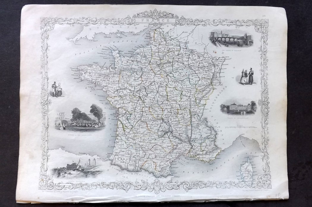 Tallis, John (Pub) 1851 Antique Map. France: Steel Engraved Map with Original Outline Hand Color Published 1851 by John Tallis, London for "The Illustrated Atlas and Modern History of the World" First Edition Edited by Robert Montgomery Martin.