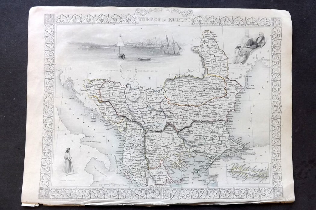 Tallis, John (Pub) 1851 Antique Map. Turkey in Europe: Steel Engraved Map with Original Outline Hand Color Published 1851 by John Tallis, London for "The Illustrated Atlas and Modern History of the World" First Edition Edited by Robert Montgomery Martin.