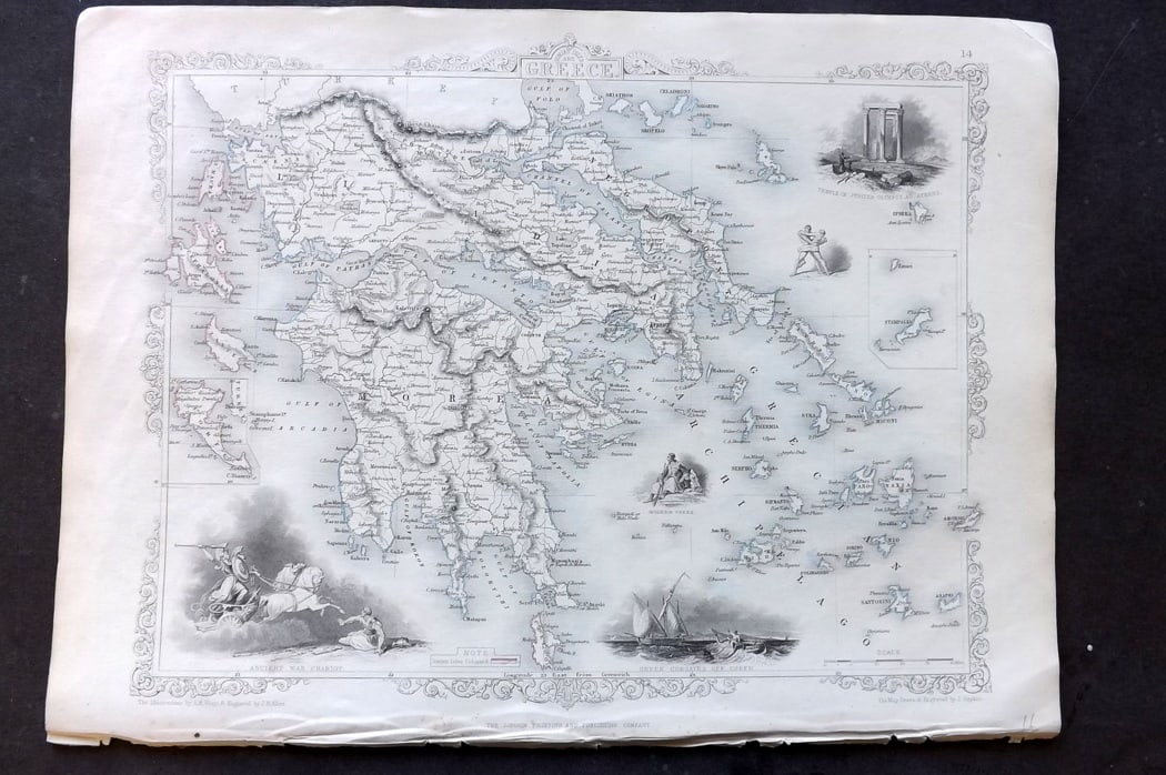Tallis, John (Pub) 1851 Antique Map. Ionian Isles and Greece: Steel Engraved Map with Original Outline Hand Color Published 1851 by John Tallis, London for "The Illustrated Atlas and Modern History of the World" First Edition Edited by Robert Montgomery Martin.