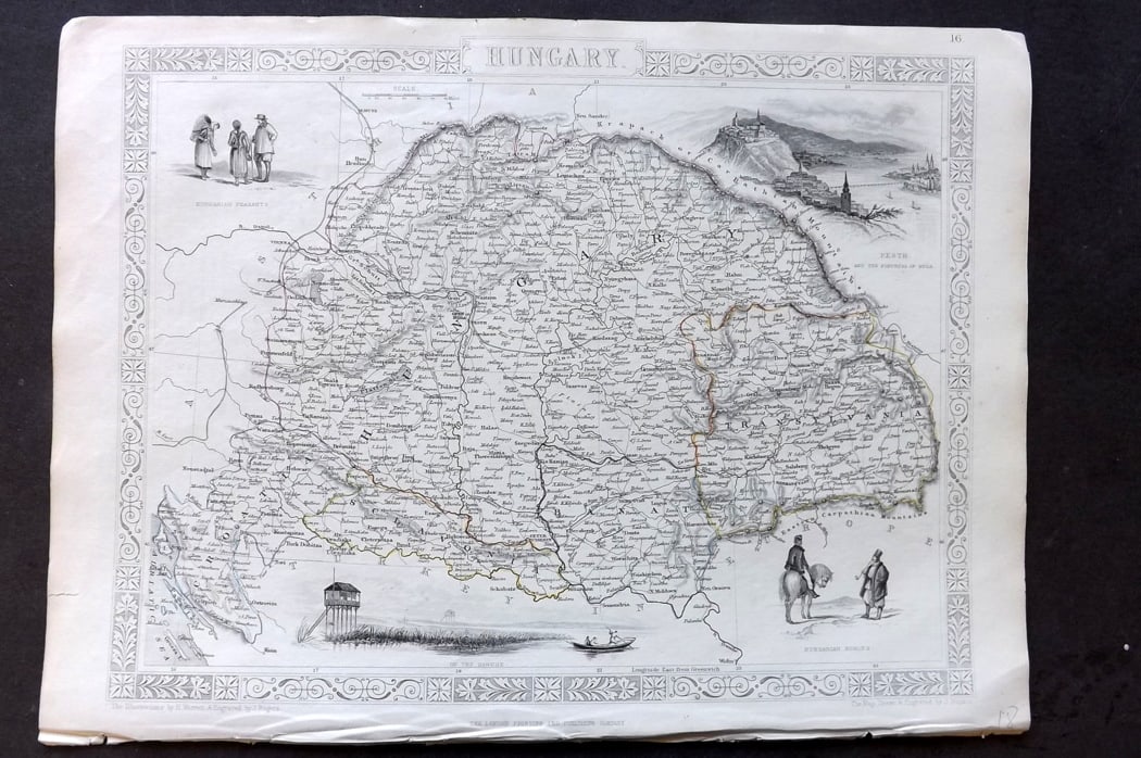 Tallis, John (Pub) 1851 Antique Map. Hungary: Steel Engraved Map with Original Outline Hand Color Published 1851 by John Tallis, London for "The Illustrated Atlas and Modern History of the World" First Edition Edited by Robert Montgomery Martin.