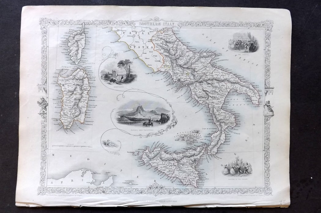 Tallis, John (Pub) 1851 Antique Map. Southern Italy & Sicily (1 of 2)