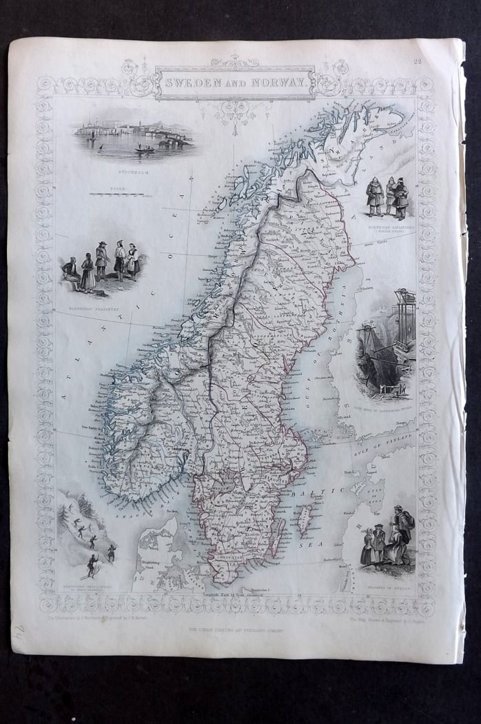 Tallis, John (Pub) 1851 Antique Map. Sweden and Norway: Steel Engraved Map with Original Outline Hand Color Published 1851 by John Tallis, London for "The Illustrated Atlas and Modern History of the World" First Edition Edited by Robert Montgomery Martin.