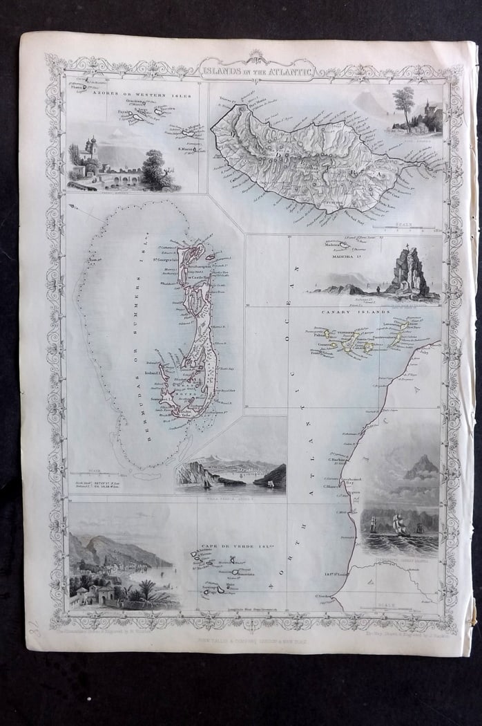 Tallis, John (Pub) 1851 Antique Map. Islands in the Atlantic. Canary Islands Madeira Bermuda Cape (1 of 2)
