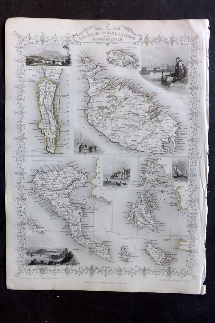 Tallis, John (Pub) 1851 Antique Map. British Possessions in the Mediterranean Malta Gibraltar Corfu: Steel Engraved Map with Original Outline Hand Color Published 1851 by John Tallis, London for "The Illustrated Atlas and Modern History of the World" First Edition Edited by Robert Montgomery Martin.