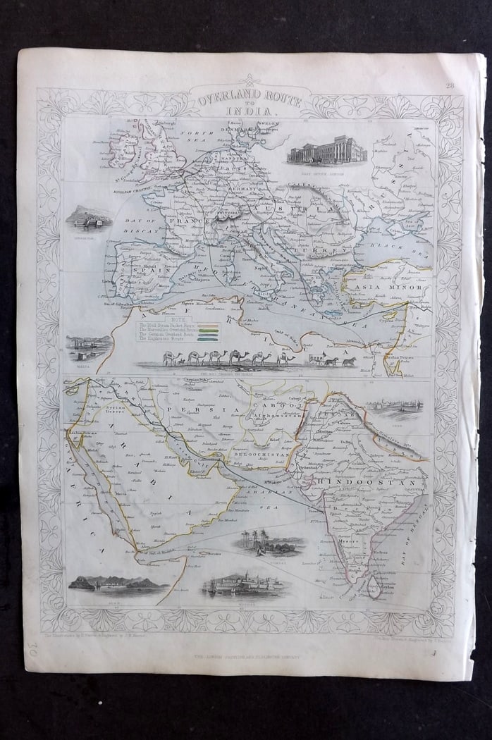 Tallis, John (Pub) 1851 Antique Map. Overland Route to India: Steel Engraved Map with Original Outline Hand Color Published 1851 by John Tallis, London for "The Illustrated Atlas and Modern History of the World" First Edition Edited by Robert Montgomery Martin.