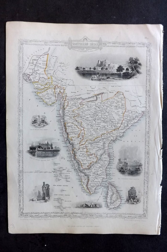 Tallis, John (Pub) 1851 Antique Map. Southern India: Steel Engraved Map with Original Outline Hand Color Published 1851 by John Tallis, London for "The Illustrated Atlas and Modern History of the World" First Edition Edited by Robert Montgomery Martin.