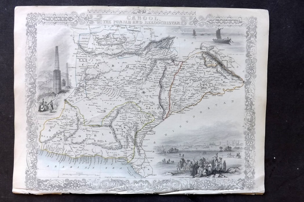 Tallis, John (Pub) 1851 Antique Map. Cabool, The Punjab and Beloochistan. India: Steel Engraved Map with Original Outline Hand Color Published 1851 by John Tallis, London for "The Illustrated Atlas and Modern History of the World" First Edition Edited by Robert Montgomery Martin.