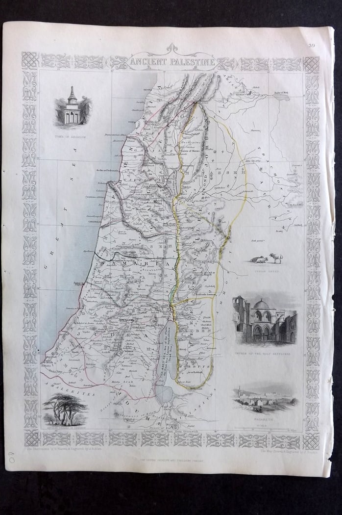Tallis, John (Pub) 1851 Antique Map. Ancient Palestine: Steel Engraved Map with Original Outline Hand Color Published 1851 by John Tallis, London for "The Illustrated Atlas and Modern History of the World" First Edition Edited by Robert Montgomery Martin.