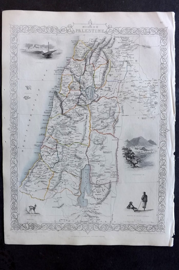 Tallis, John (Pub) 1851 Antique Map. Modern Palestine: Steel Engraved Map with Original Outline Hand Color Published 1851 by John Tallis, London for "The Illustrated Atlas and Modern History of the World" First Edition Edited by Robert Montgomery Martin.
