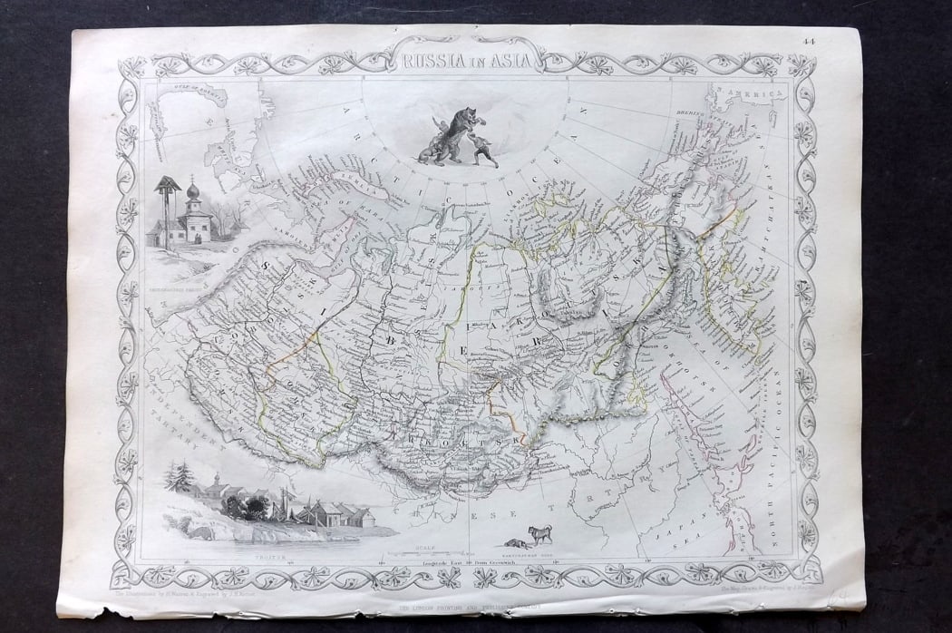 Tallis, John (Pub) 1851 Antique Map. Russia in Asia: Steel Engraved Map with Original Outline Hand Color Published 1851 by John Tallis, London for "The Illustrated Atlas and Modern History of the World" First Edition Edited by Robert Montgomery Martin.