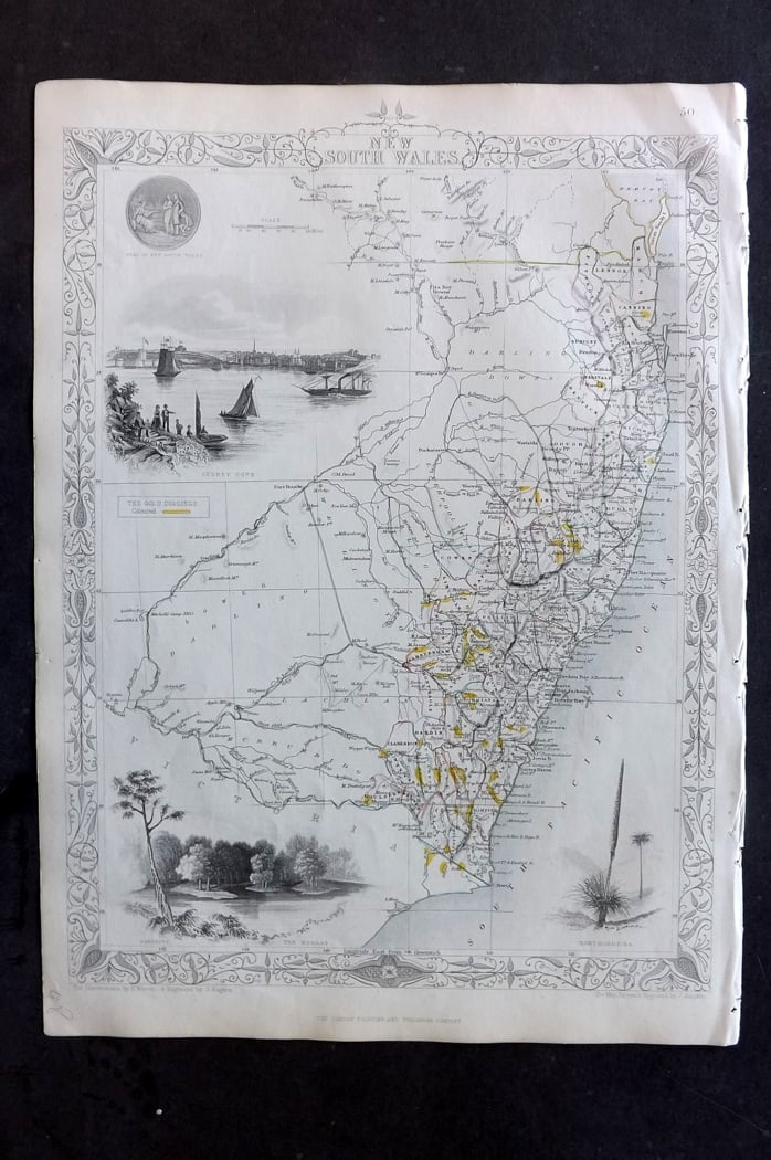 Tallis, John (Pub) 1851 Antique Map. New South Wales, Australia: Steel Engraved Map with Original Outline Hand Color Published 1851 by John Tallis, London for "The Illustrated Atlas and Modern History of the World" First Edition Edited by Robert Montgomery Martin.