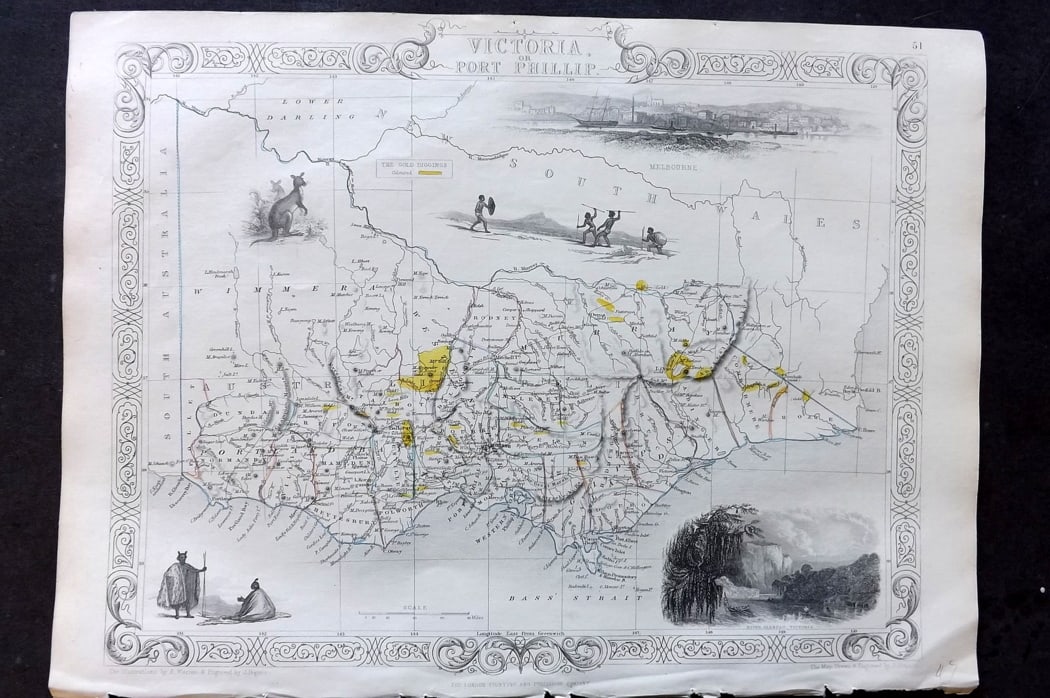 Tallis, John (Pub) 1851 Antique Map. Victoria or Port Philip. Australia: Steel Engraved Map with Original Outline Hand Color Published 1851 by John Tallis, London for "The Illustrated Atlas and Modern History of the World" First Edition Edited by Robert Montgomery Martin.