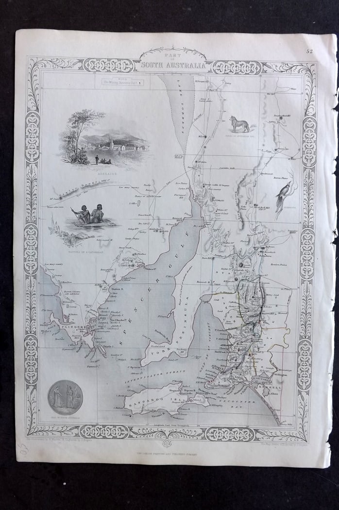 Tallis, John (Pub) 1851 Antique Map. Part of South Australia: Steel Engraved Map with Original Outline Hand Color Published 1851 by John Tallis, London for "The Illustrated Atlas and Modern History of the World" First Edition Edited by Robert Montgomery Martin.