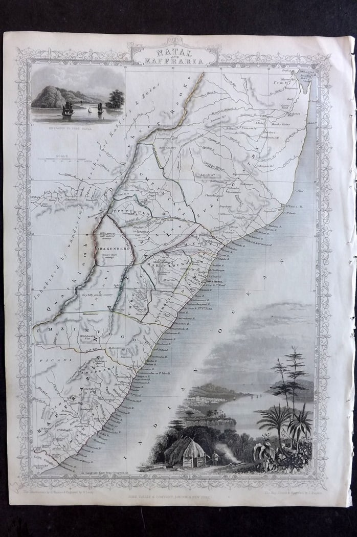 Tallis, John (Pub) 1851 Antique Map. Natal and Kaffraria. South Africa: Steel Engraved Map with Original Outline Hand Color Published 1851 by John Tallis, London for "The Illustrated Atlas and Modern History of the World" First Edition Edited by Robert Montgomery Martin.