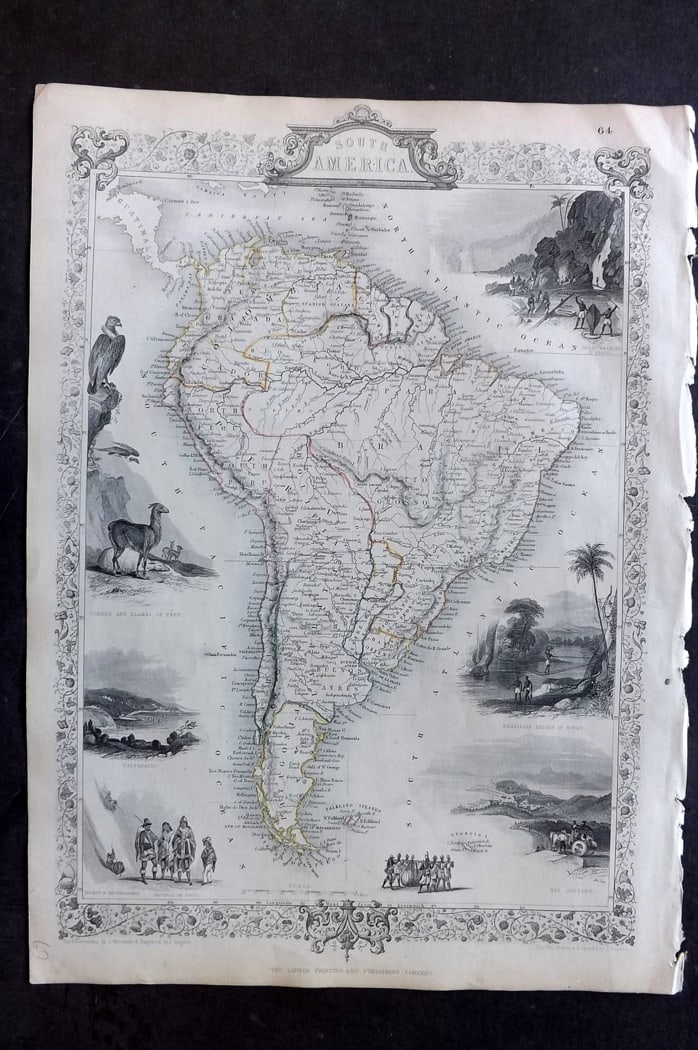 Tallis, John (Pub) 1851 Antique Map. South America: Steel Engraved Map with Original Outline Hand Color Published 1851 by John Tallis, London for "The Illustrated Atlas and Modern History of the World" First Edition Edited by Robert Montgomery Martin.