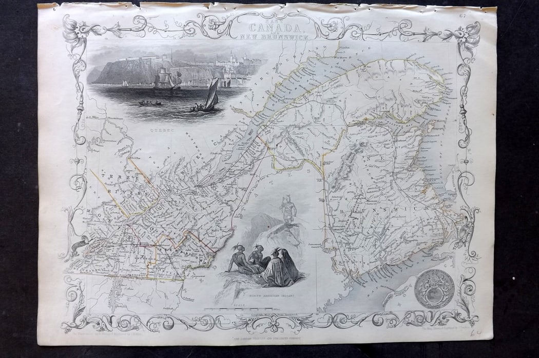 Tallis, John (Pub) 1851 Antique Map. East Canada and New Brunswick: Steel Engraved Map with Original Outline Hand Color Published 1851 by John Tallis, London for "The Illustrated Atlas and Modern History of the World" First Edition Edited by Robert Montgomery Martin.