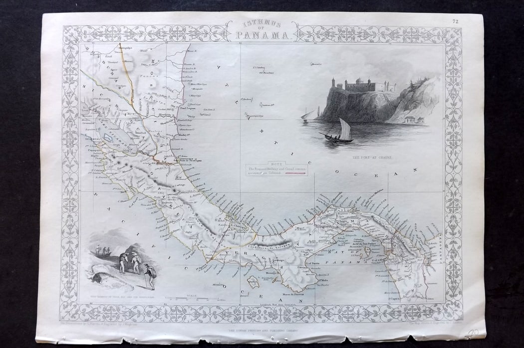 Tallis, John (Pub) 1851 Antique Map. Isthmus of Panama: Steel Engraved Map with Original Outline Hand Color Published 1851 by John Tallis, London for "The Illustrated Atlas and Modern History of the World" First Edition Edited by Robert Montgomery Martin.