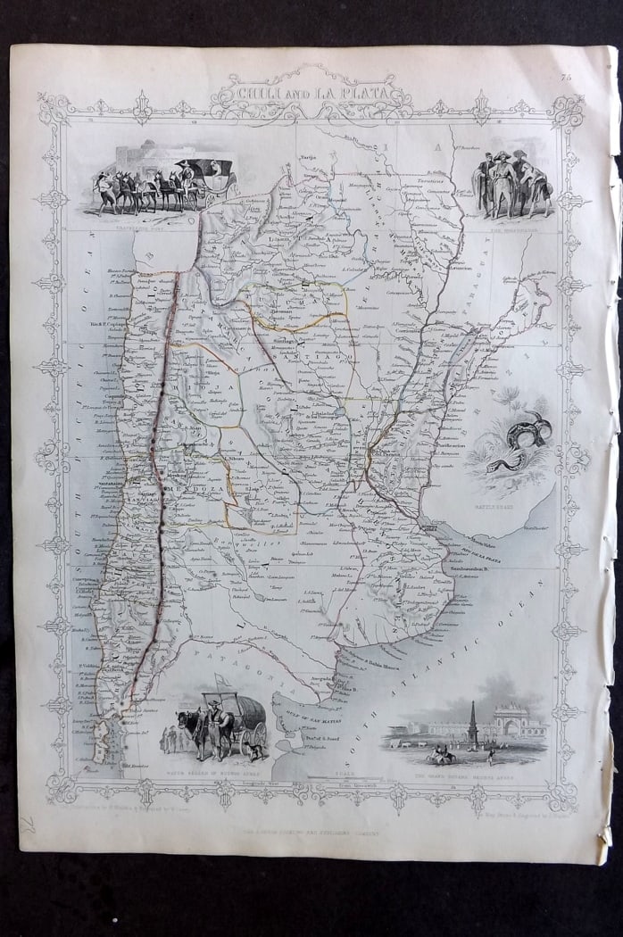 Tallis, John (Pub) 1851 Antique Map. Chilli and La Plata: Steel Engraved Map with Original Outline Hand Color Published 1851 by John Tallis, London for "The Illustrated Atlas and Modern History of the World" First Edition Edited by Robert Montgomery Martin.