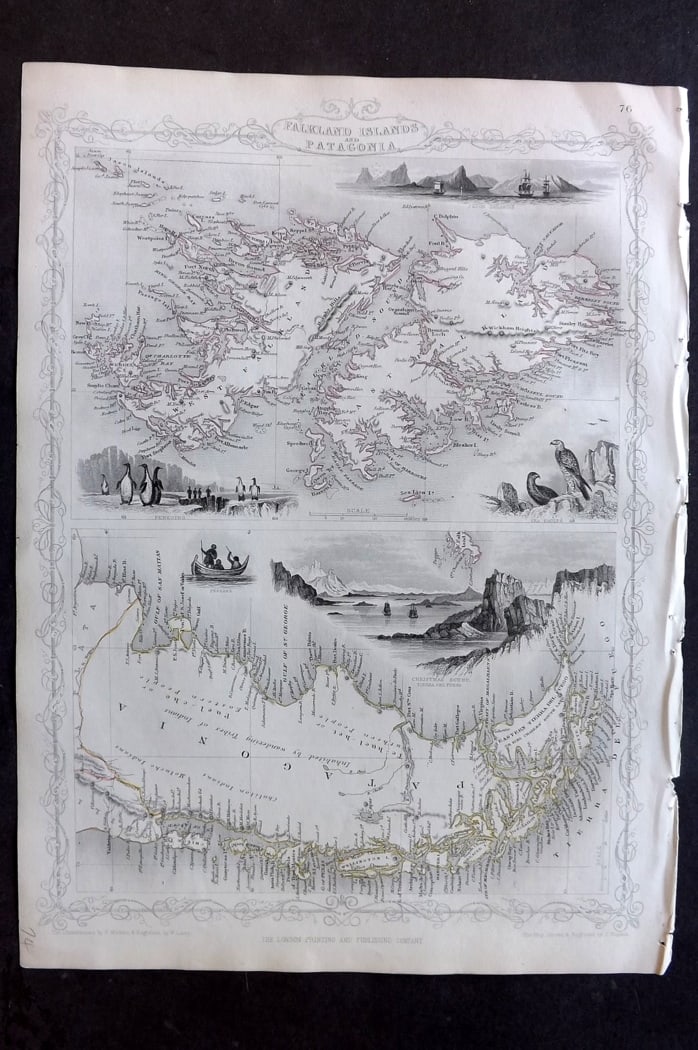 Tallis, John (Pub) 1851 Antique Map. Falkland Islands and Patagonia (1 of 2)