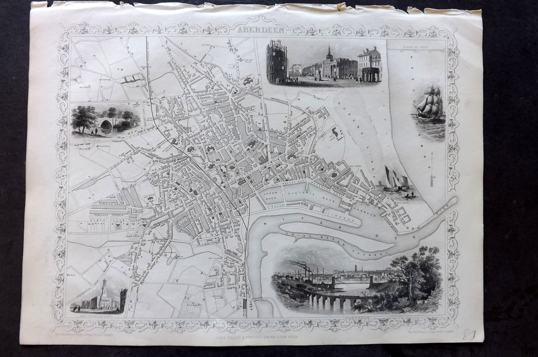 Tallis, John (Pub) 1851 Antique Map. Aberdeen Scotland. City Plan: Steel Engraved Map Published 1851 by John Tallis, London for "Index-Gazetteer of the World..." First Edition Edited by Robert Montgomery Martin. Drawn & Engraved by John Rapkin. Rare. Paper Size: 14.5