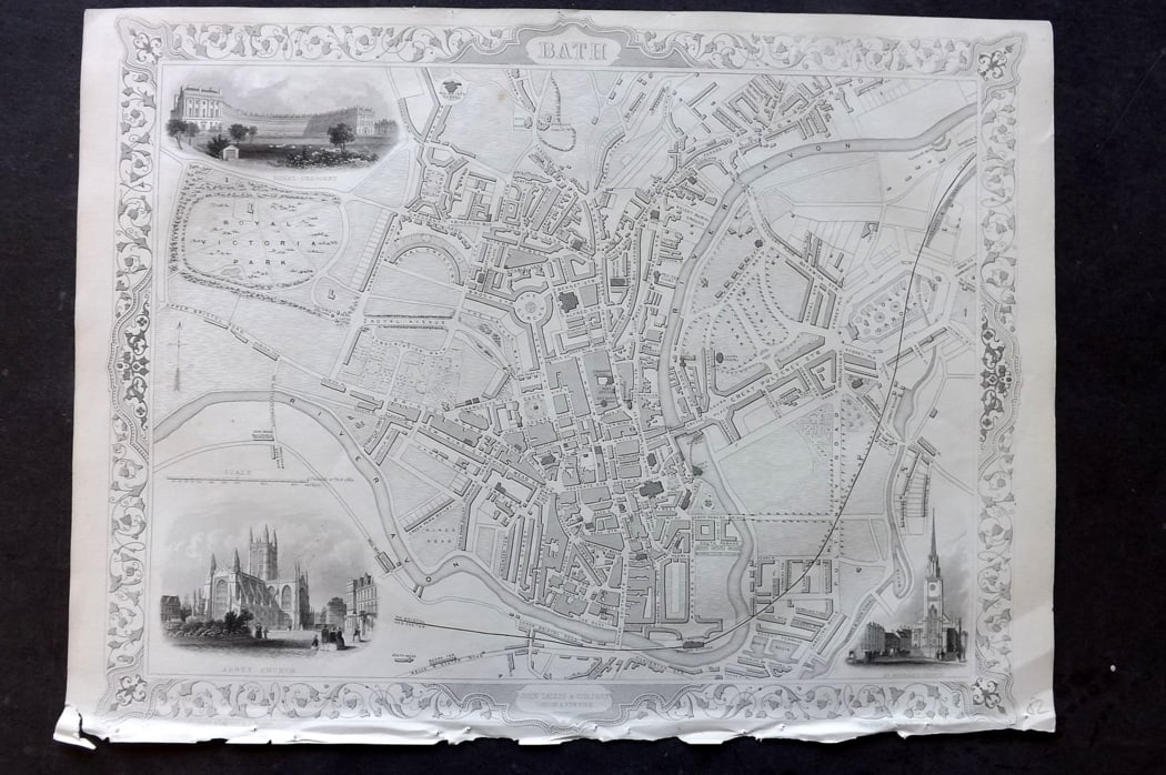 Tallis, John (Pub) 1851 Antique Map. Bath England. Town City Plan: Steel Engraved Map Published 1851 by John Tallis, London for "Index-Gazetteer of the World..." First Edition Edited by Robert Montgomery Martin. Drawn & Engraved by John Rapkin. Rare. Paper Size: 14.5