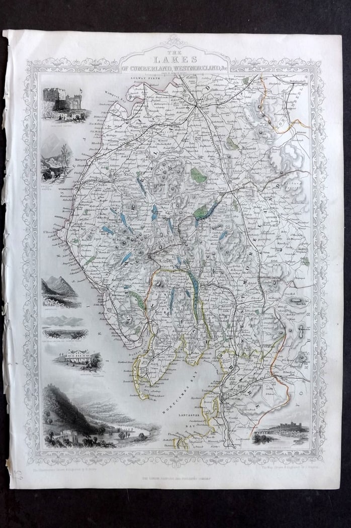 Tallis, John (Pub) 1851 Antique Map. The Lakes of Cumberland, Westmoreland &c. Lake District England (1 of 2)